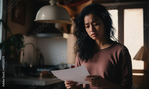Young Woman Worried Sad Stressed Reading Letter photo