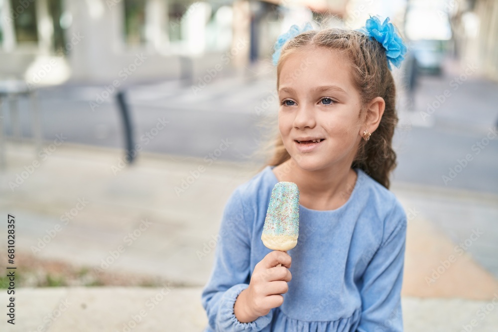 Adorable caucasian girl smiling confident eating ice cream at street Adorable caucasian girl smiling confident eating ice cream at street
