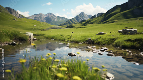 beautiful summer landscape  alpine meadows  stream against the backdrop of mountains
