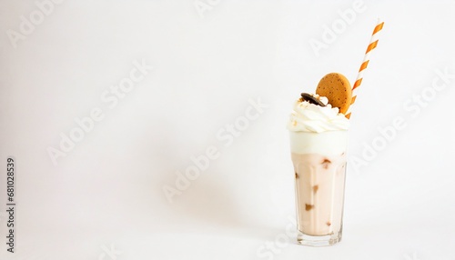 delicious milkshake with whipped cream and cookies topping, light white solid background; minimalistic composition; high quality photo; copy space
