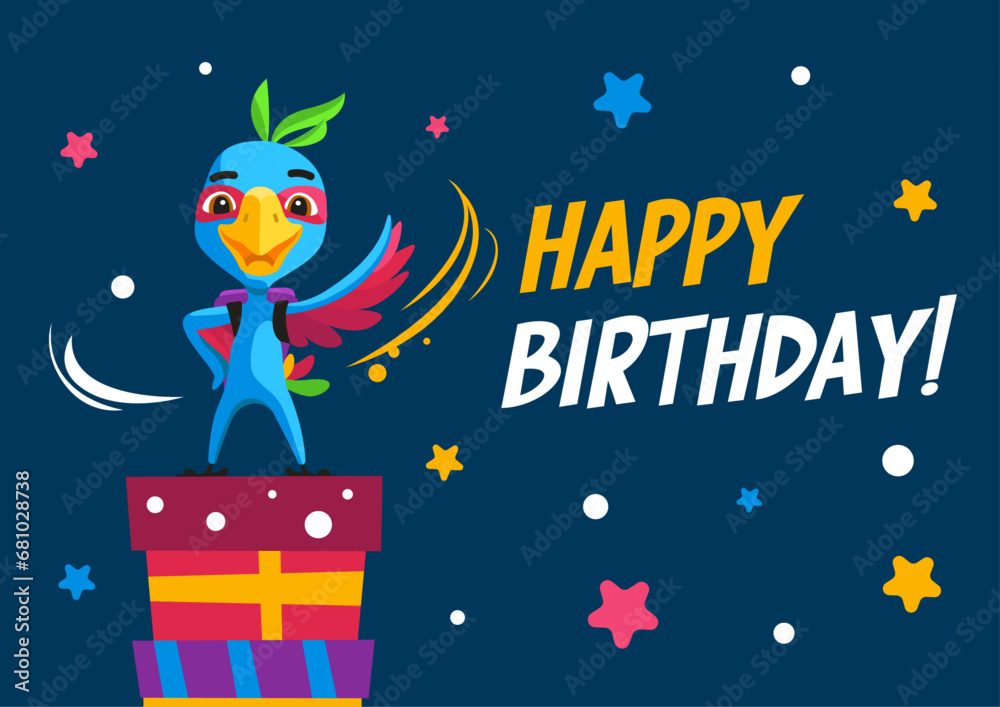 Happy Birthday card with a beautiful cartoon parrot and confetti. Happy energetic parrot in vector. Flat style.