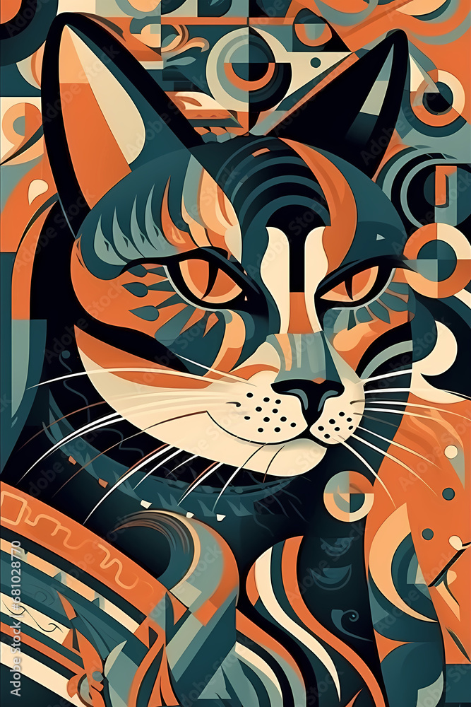Obraz premium ai generated, cat ilustration, 1920s and 30s aesthetic, art deco paterns 