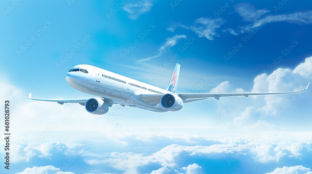 Fototapeta premium Airplane in the sky. The plane is flying between the clouds. Flat illustration