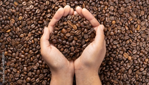 Medium shot of a hands holding a coffee beans top view with coffee beans as background  conceptual image