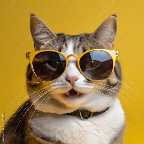 A close up of a cat wearing a sunglasses  looking to camera  hyper realistic photo  solid yellow background  copy space for text © RupaDesign