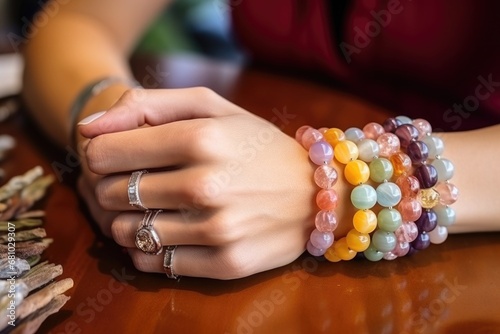 Woman's left hand with rings and bracelets made from natural stones, white skin, boho style