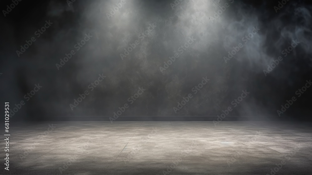 Horizontal image of dark and empty space of Studio grunge texture background with spot lighting and fog or mist in background. - obrazy, fototapety, plakaty 