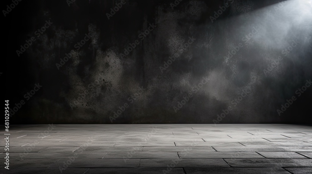 Horizontal image of dark and empty space of Studio grunge texture background with spot lighting and fog or mist in background.