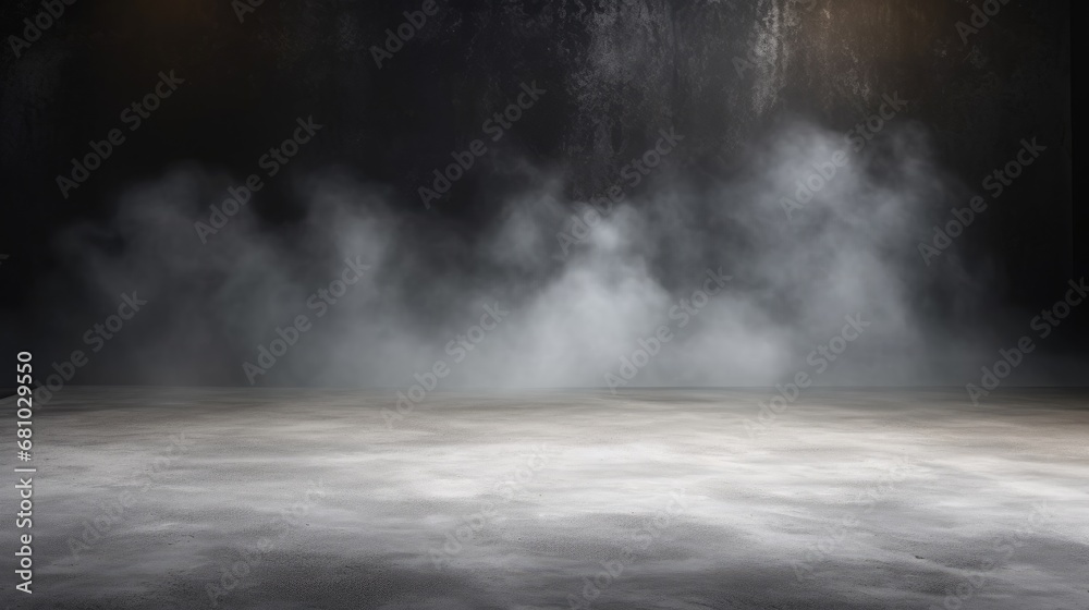 Horizontal image of dark and empty space of Studio grunge texture background with spot lighting and fog or mist in background.