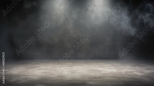 Horizontal image of dark and empty space of Studio grunge texture background with spot lighting and fog or mist in background.
