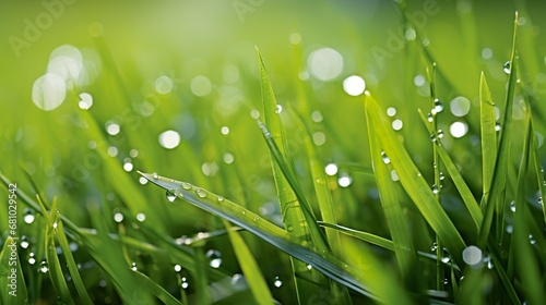 Green stalks grass with drops of morning dew. Dew drops on a grass in the morning or late night. Green grass with dew background with copy space for postcards or banner.