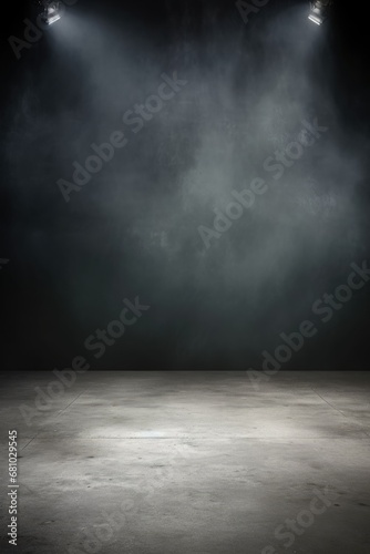 Portrait image of dark and empty space of Studio grunge texture background with spot lighting and fog or mist in background.