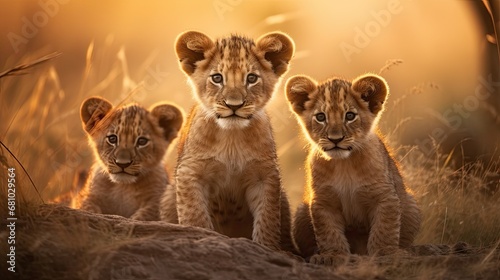 Image of a group of young cubs curiously looking straight into the camera in the savannah.