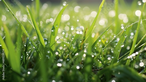 Green stalks grass with drops of morning dew. Dew drops on a grass in the morning or late night. Green grass with dew background with copy space for postcards or banner.