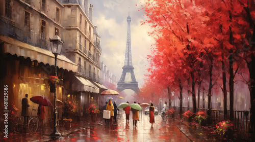 oil painting on canvas  street view of Paris. Artwork. eiffel tower . people under a red umbrella. Tree. France