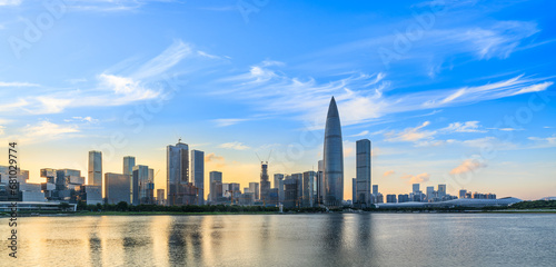 Shenzhen skyline and skyscrapers scenery at sunset, Guangdong Province, China. modern city buildings by the lake. © ABCDstock