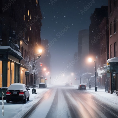 a snowy city night