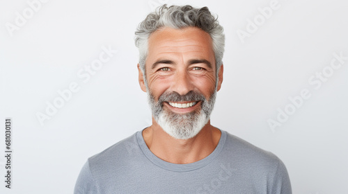 Portrait of smiling mature man standing on white background, ai technology photo