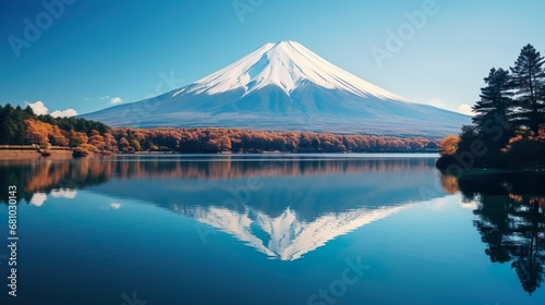 illustration of japanese mountain landscape background, mount fuji japan vector style background for wall art print decor poster design © Damerfie