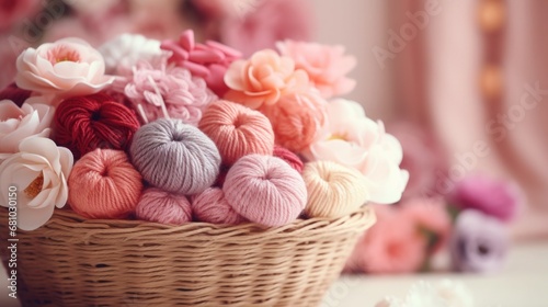 Basket is made of woven straw and is filled with yarn balls for knitting in various shades of pink, red, purple. The yarn balls are arranged neatly in the basket and have a soft and cozy texture photo