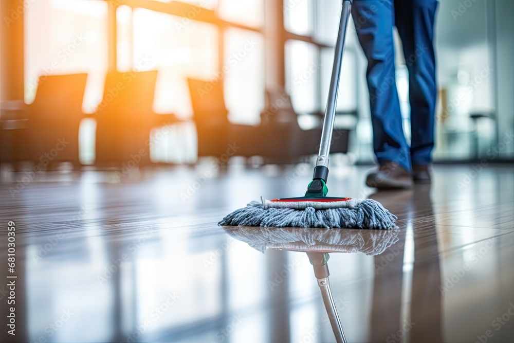 Janitor Mopping an Office Floor, Mop Close-Up, Cleaner Cleans the Floors, Generative AI Illustration Janitor Mopping an Office Floor, Mop Close-Up, Cleaner Cleans the Floors, Generative AI Illustration