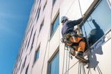 Industrial Climbers Cleaning Blue Windows Outside Building, Generative AI Illustration