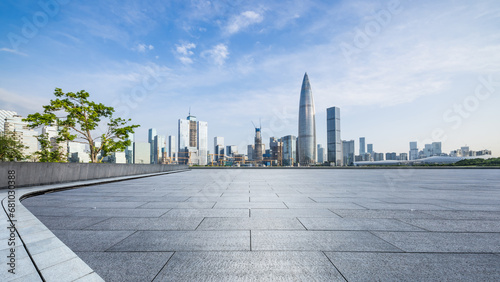 Empty square floors and city skyline with modern buildings in Shenzhen, China.