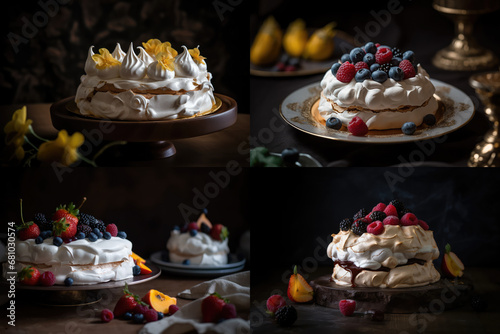 Meringue Cake, Pavlova Dessert, Fruit Berry White Meringue Cake, Abstract Generative AI Illustration