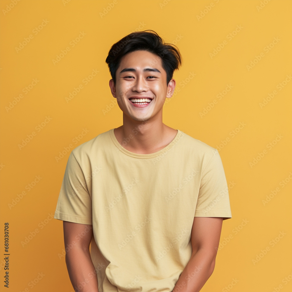 Portrait young Asian man handsome happy smile on colored background, ai technology