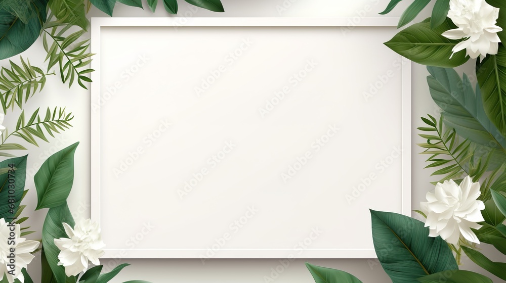A frame of tropical leaves around a white empty space. Layout of a frame made of tropical elements for your creativity A frame of tropical leaves around a white empty space. Layout of a frame made of tropical elements for your creativity