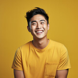 Portrait young Asian man handsome happy smile on colored background, ai technology