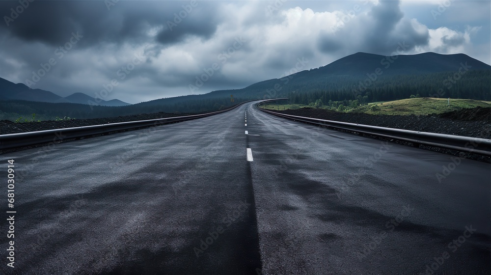 Asphalt road stretching into the distance, cloudy landscape