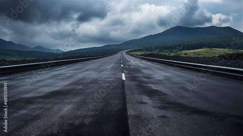Asphalt road stretching into the distance, cloudy landscape
