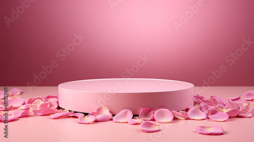 Pink podium with rose pink petals on pink background