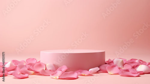 Pink podium with rose pink petals on pink background