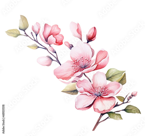 Pink Orchid watercolor flower on white background. Tropical flowers isolated Floral elements collection sets, bundles, bouquets with wildflowers, a bird on flowers