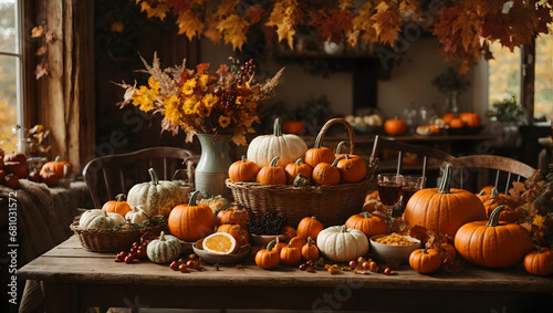 A cozy countryside setting with a bountiful harvest spread on a table  surrounded by autumn leaves  pumpkins  cornucopias  and a warm  inviting atmosphere.
