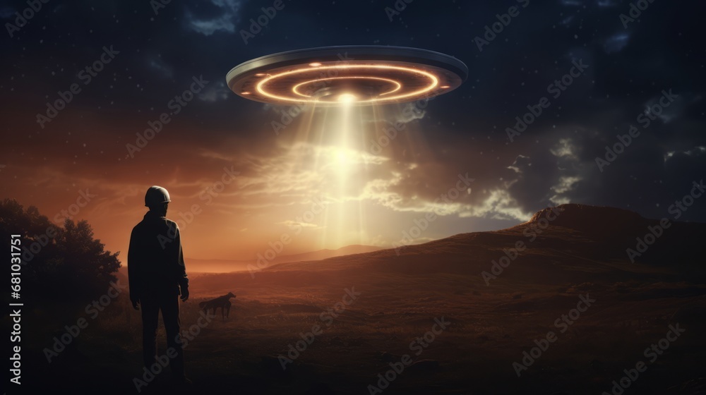 Fototapeta premium UFO / spaceship in the sky, concept: Extraterrestrial life, 16:9