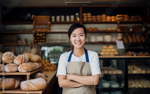 Portrait of young adult female baker, shop owner inside bakery shop, feeling proud and confidence.