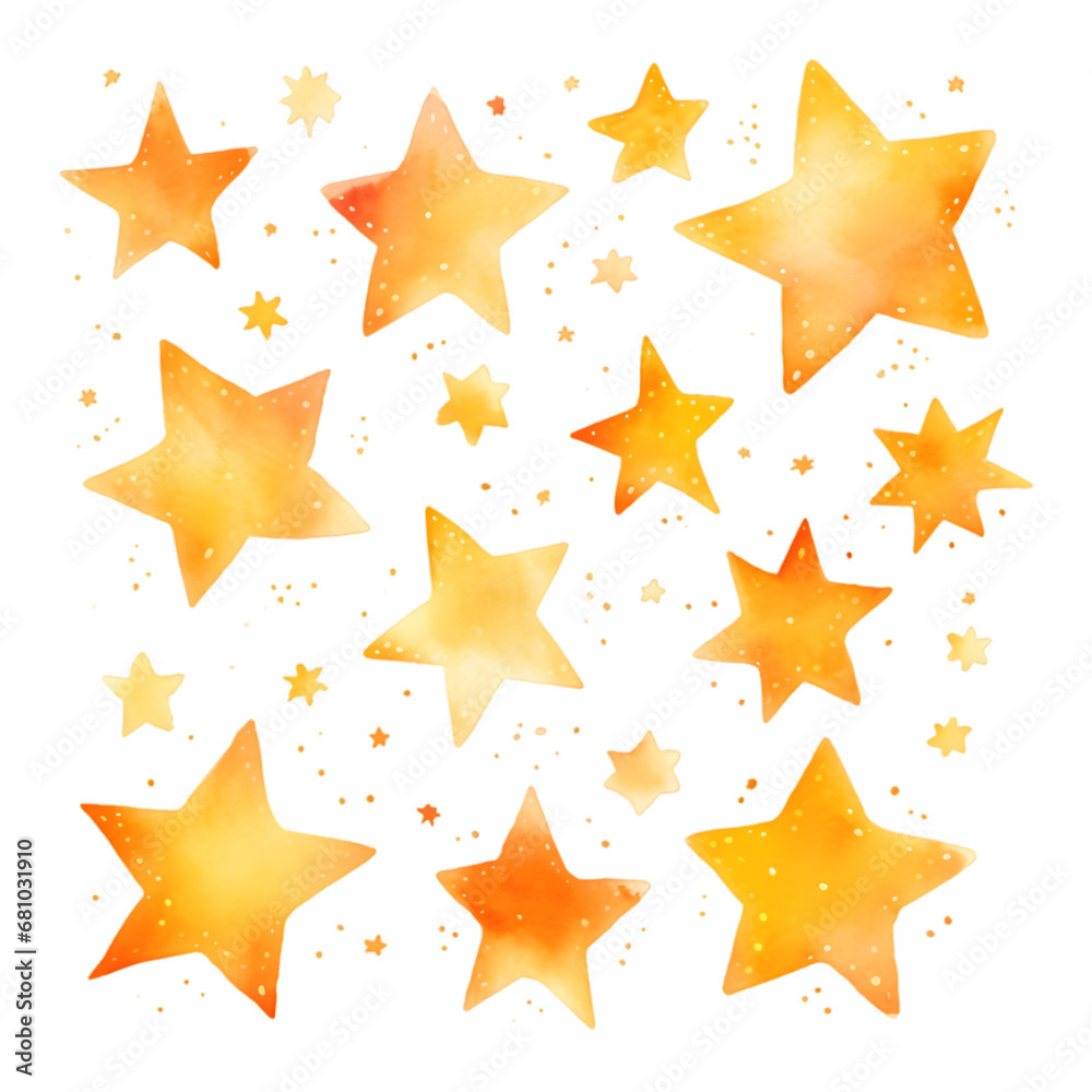 Golden yellow Hand drawn cute watercolor stars pattern isolated on transparent background Golden yellow Hand drawn cute watercolor stars pattern isolated on transparent background