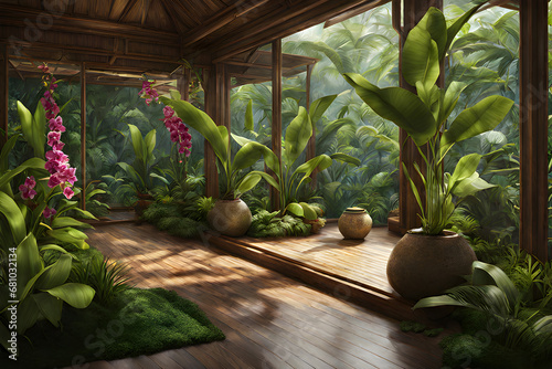 Modern living room with blooming pink orchids tropical style. Beautiful view and big window. The atmosphere in warm light. The concept of relaxation and healthy lifestyle. porcelain,
