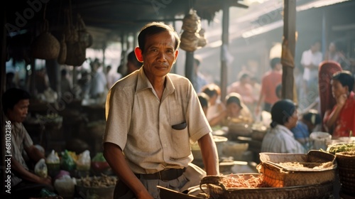 Asian man selling vegetable stall in traditonal market against the vegetable stand in the background. photo