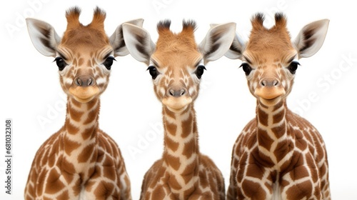 Three head of baby giraffe looking at camera, isolated over white background.
