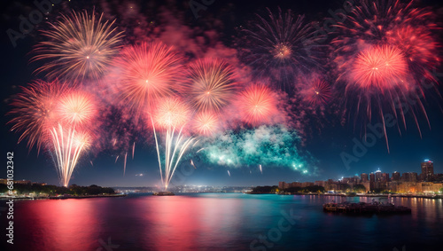 A dazzling display of fireworks illuminating the night sky above a waterfront or cityscape, celebrating Independence Day in a vibrant burst of colors.