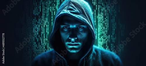 Hacker on blue digital background. Dangerous hacker. Internet, cyber crime, cyber attack, system, game, breaking and malware concept. Dark background. Cyber security concept.