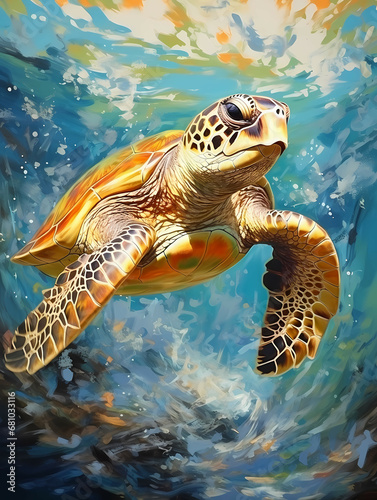 A Turtle Swimming In The Water - View of nice sea turtle flying down to the ocean © netsign