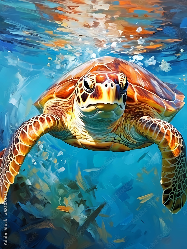 Obraz premium A Turtle Swimming In The Water - View of nice sea turtle flying down to the ocean