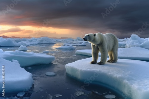 Polar Bear climbing onto melting iceberg. A Disappearing World: A Polar Bear on a Melting Ice Floe in Antarctica. Global warming. Generative ai