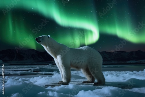 A large polar bear close-up in the Arctic at the North Pole in the snow against a background of green northern lights in the sky with stars  polar night  generative AI