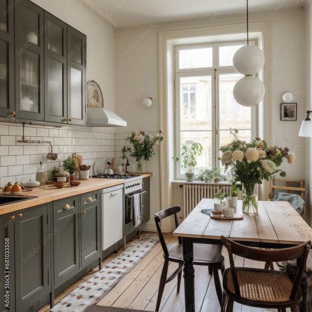 Simple vintage style kitchen design, tile decor, marble ball lamps, square table, high ceilings ...